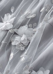 Simple Grey Embroideried Floral Elastic Waist Tulle A Line Skirts Spring