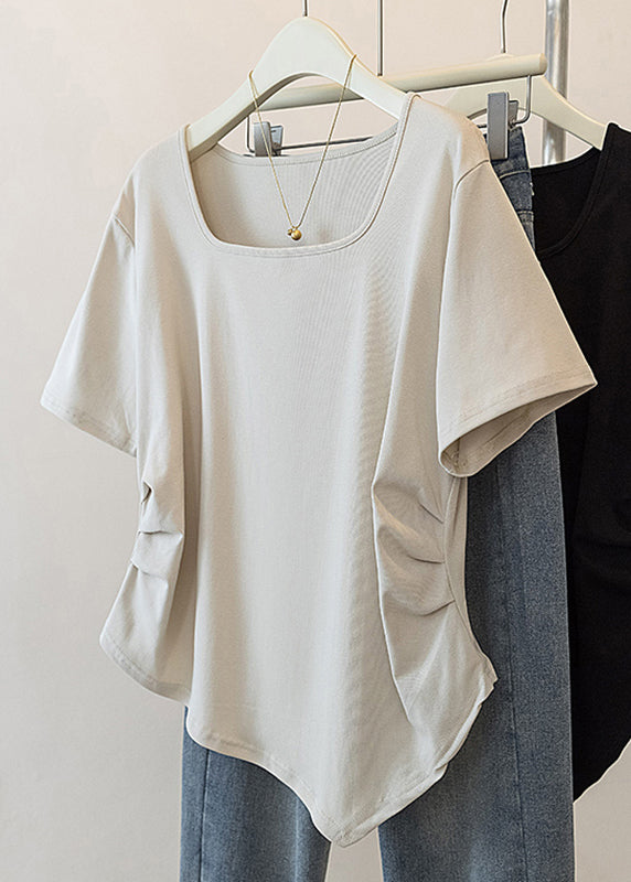 Simple Grey Square Collar Asymmetrical Patchwork Top Short Sleeve