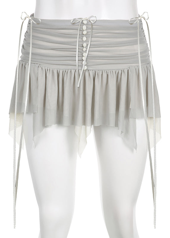 Simple Grey Tasseled Wrinkled Patchwork Tulle Skirt Summer