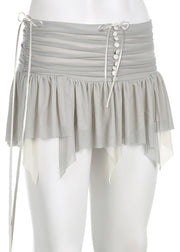 Simple Grey Tasseled Wrinkled Patchwork Tulle Skirt Summer