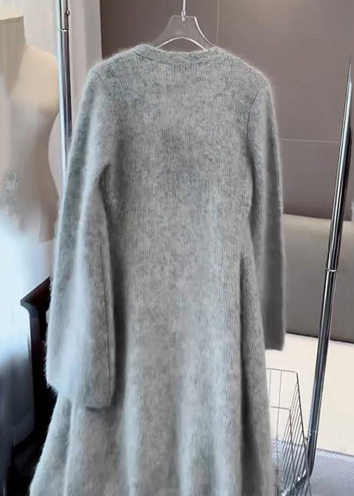 Simple Grey V Neck Button Cotton Knit Cardigans Long Sleeve