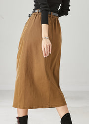 Simple Khaki Elastic Waist Side Open Cotton Skirts Spring