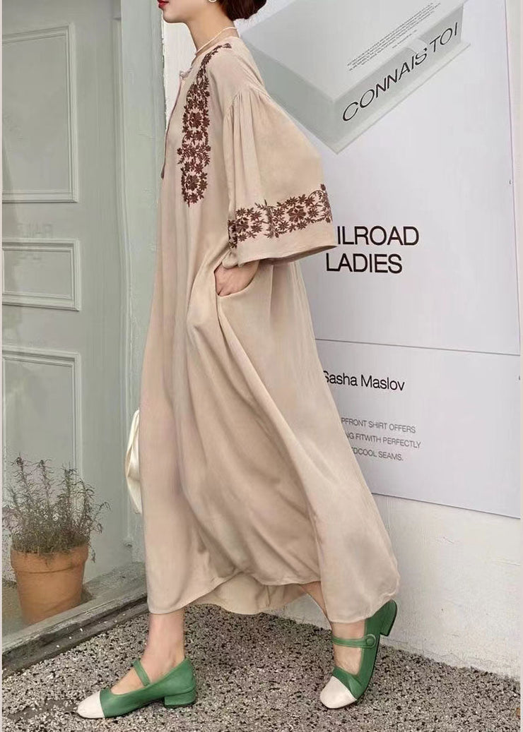 Simple Khaki Embroideried Oversized Cotton Vacation Dresses Batwing Sleeve