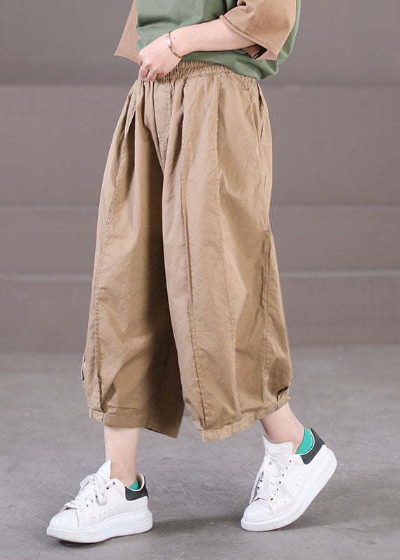 Simple Khaki High Waist Pockets Patchwork Cotton Crop Pants Summer