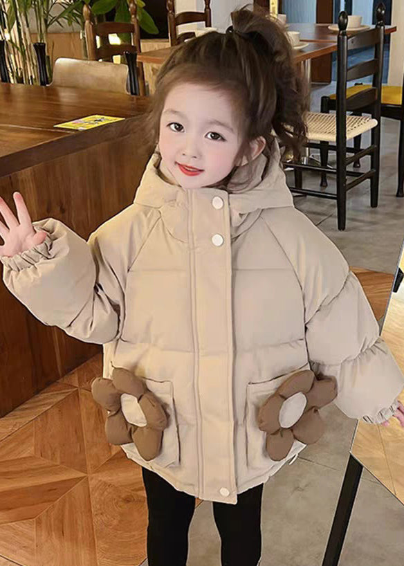 Simple Khaki Hooded Pockets Cotton Filled Girls Coats Long Sleeve