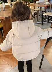 Simple Khaki Hooded Pockets Cotton Filled Girls Coats Long Sleeve