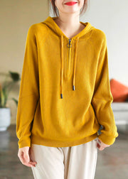 Simple Yellow Hooded Zippered Cotton Knit Top Spring