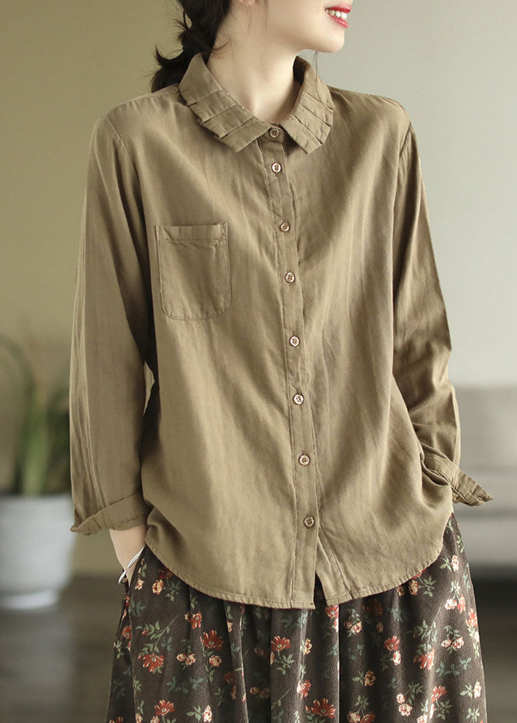 Simple Khaki Peter Pan Collar Patchwork Cotton Blouse Tops Spring