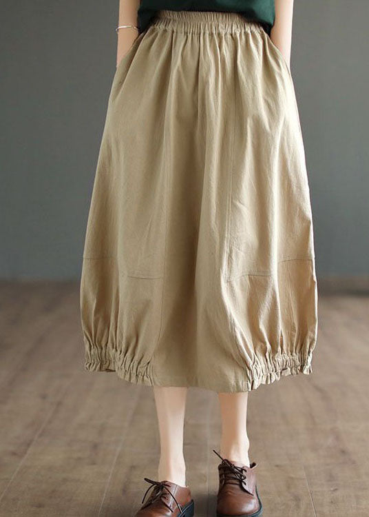 Simple Khaki Wrinkled Pockets Elastic Waist Patchwork Cotton Skirts Spring