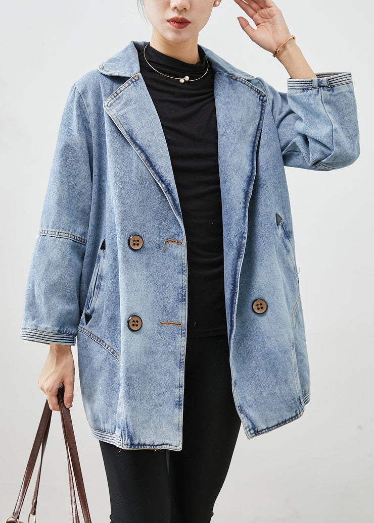 Simple Light Blue Double Breast Patchwork Denim Jackets Fall