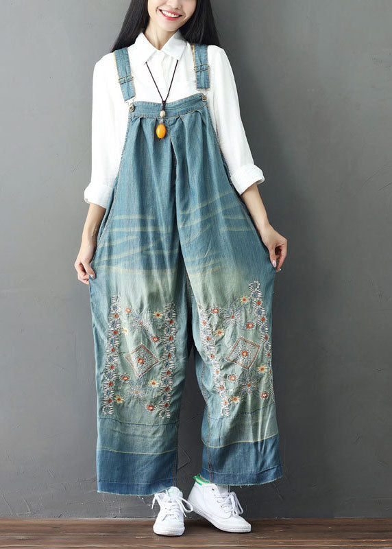 Simple Light Blue Patchwork Embroideried Denim Wide Leg Jumpsuit Spring