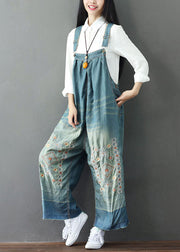 Simple Light Blue Patchwork Embroideried Denim Wide Leg Jumpsuit Spring