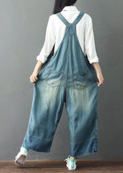 Simple Light Blue Patchwork Embroideried Denim Wide Leg Jumpsuit Spring