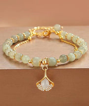 Simple Light Green Sterling Silver Overgild Zircon Jade Ginkgo Leaf Charm Bracelet