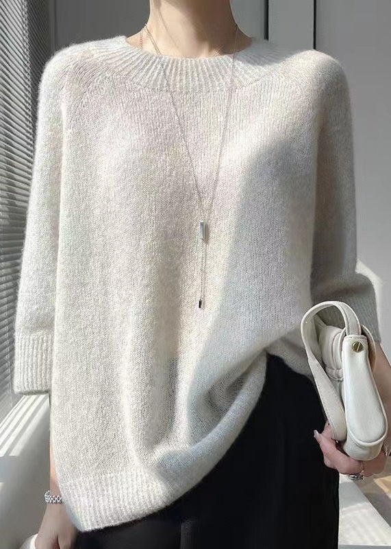 Simple Light Grey O Neck Thin Cashmere Sweater Tops Bracelet Sleeve