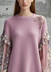 Simple Light Purple Ruffled Patchwork Knitted Tops Fall