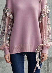 Simple Light Purple Ruffled Patchwork Knitted Tops Fall