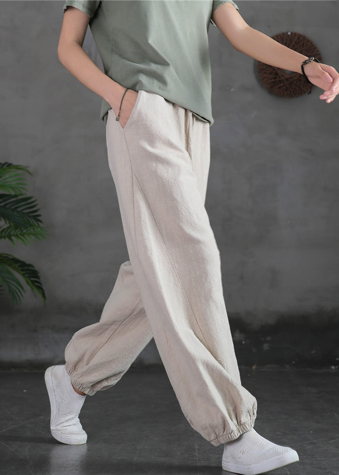 Simple Linen Pockets Elastic Waist Cotton Pants Spring