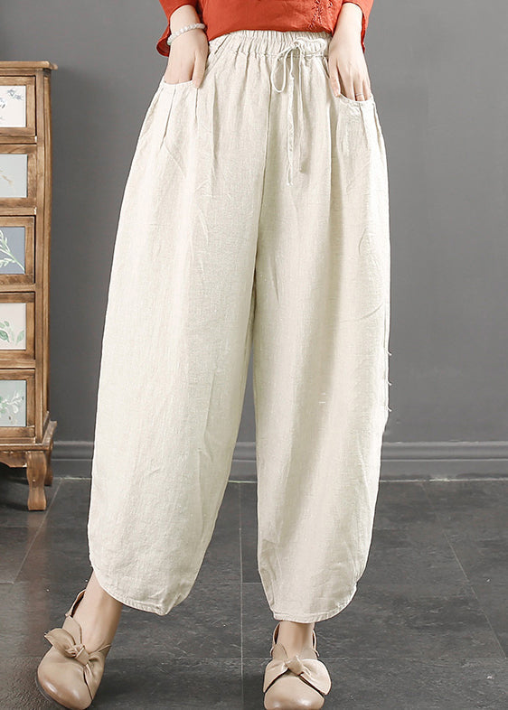 Simple Linen Pockets Elastic Waist Linen Crop Pants Fall