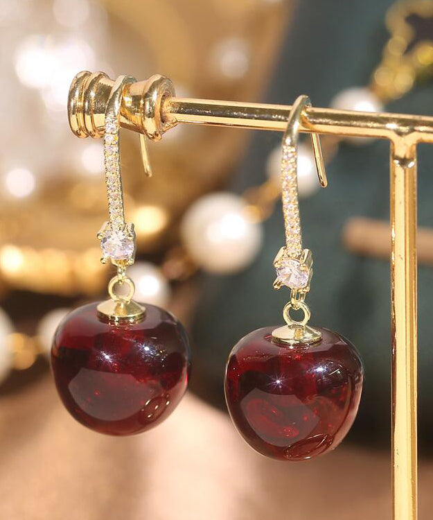 Simple Mulberry Copper Overgild Zircon Cherry Drop Earrings