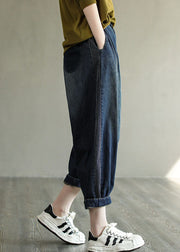 Simple Navy Elastic Waist Striped Line Pocket Cotton Denim Harem Pants Spring