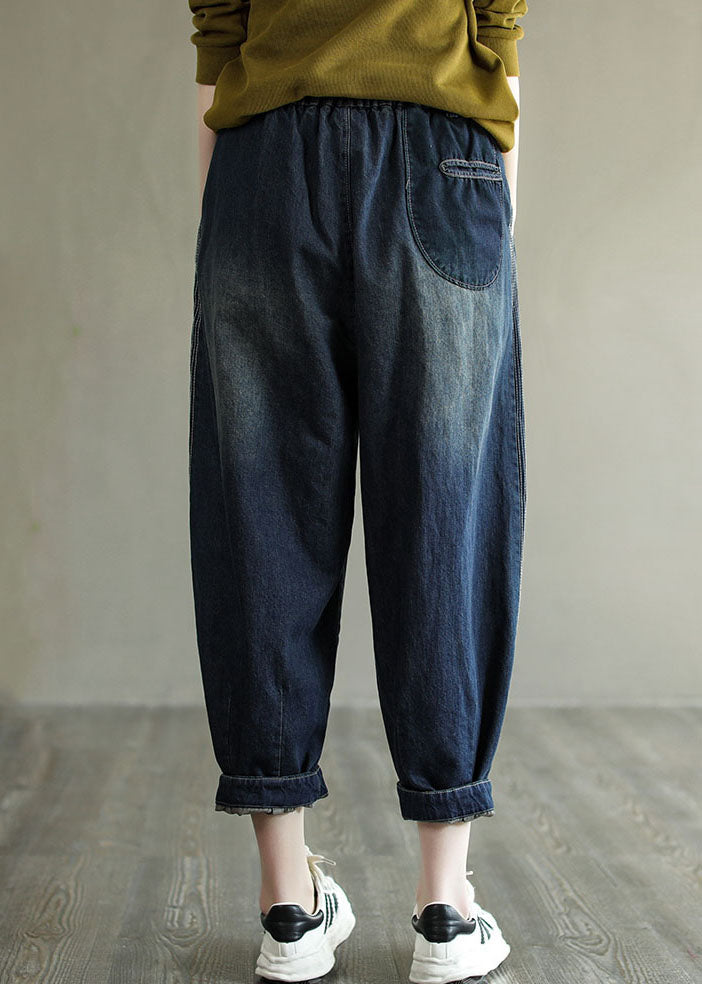 Simple Navy Elastic Waist Striped Line Pocket Cotton Denim Harem Pants Spring