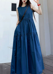 Simple Navy O Neck Wrinkled Pockets Patchwork Cotton Long Dresses Sleeveless