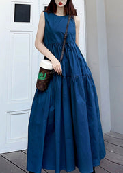 Simple Navy O Neck Wrinkled Pockets Patchwork Cotton Long Dresses Sleeveless