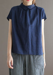 Simple Navy Peter Pan Collar Button Patchwork Linen Top Summer