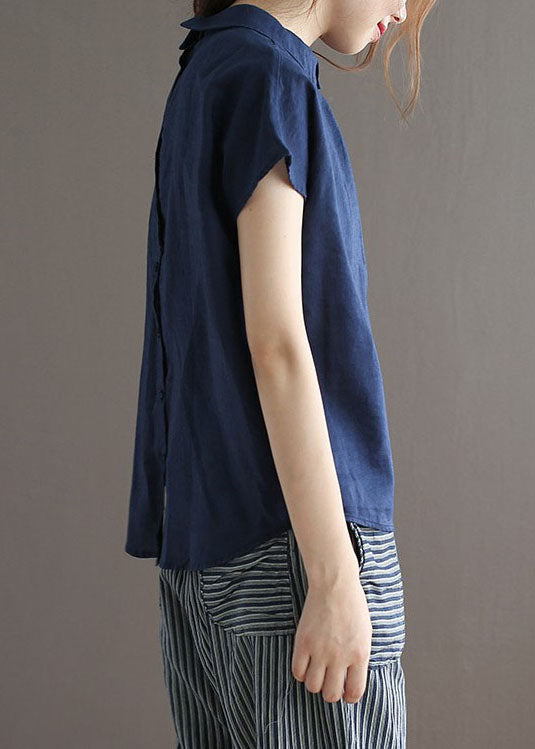 Simple Navy Peter Pan Collar Button Patchwork Linen Top Summer