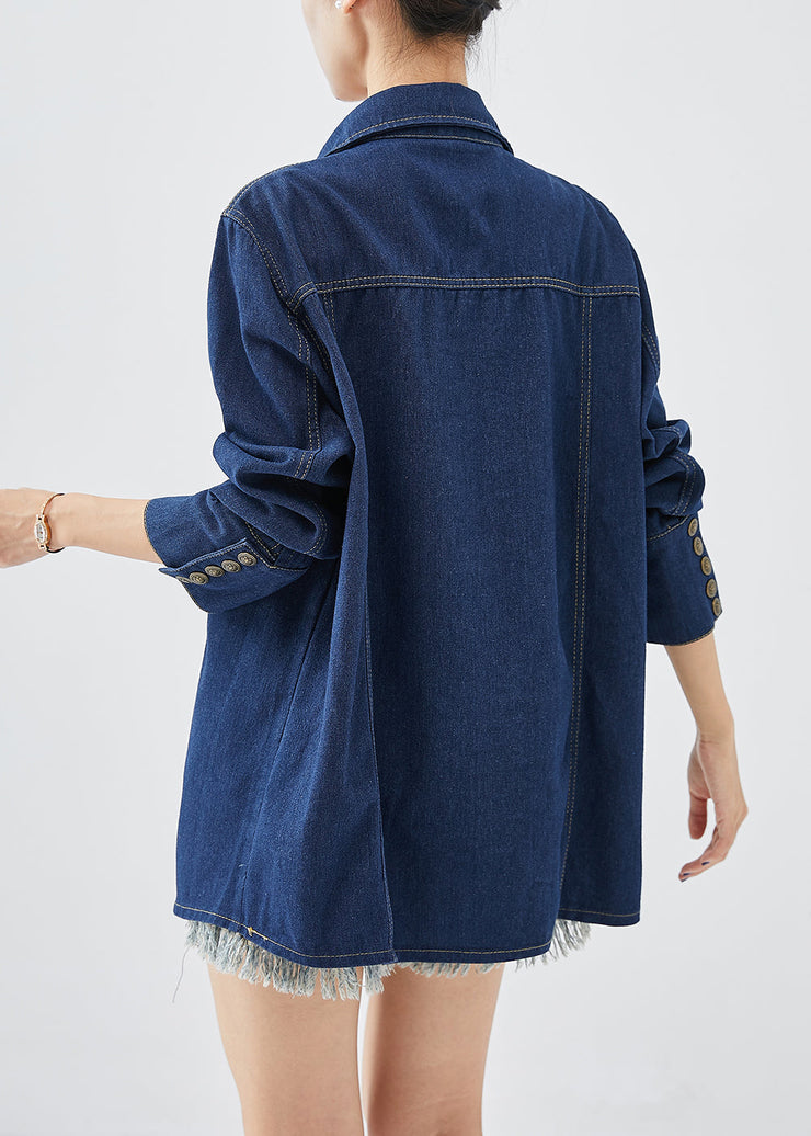 Simple Navy Peter Pan Collar Metal Buttons Denim Coat Fall