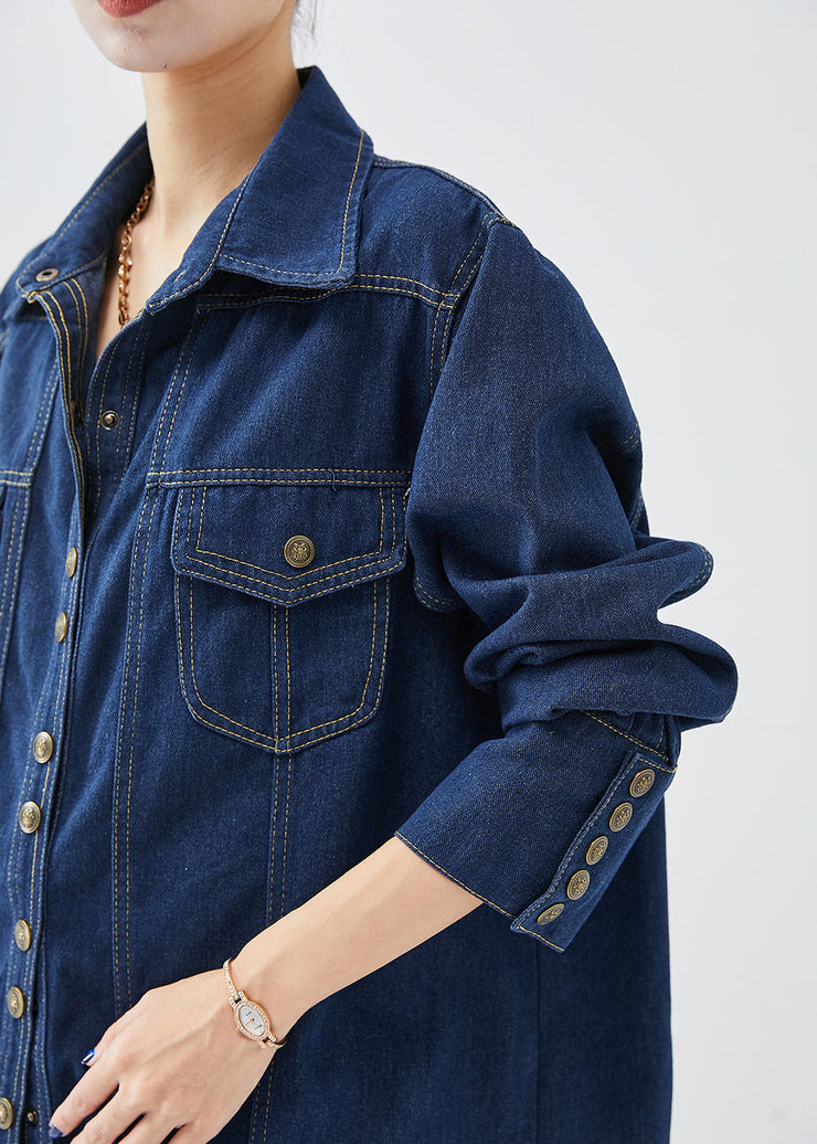 Simple Navy Peter Pan Collar Metal Buttons Denim Coat Fall