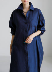 Simple Navy Peter Pan Collar Patchwork Cotton Shirts Dresses Spring