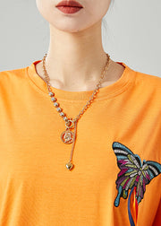 Simple Orange Embroideried Butterfly Tassel Cotton Tank Summer