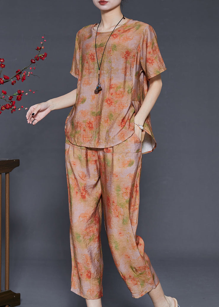 Simple Orange Oversized Tie Dye Linen Two Piece Set Outfits Summer