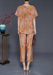 Simple Orange Oversized Tie Dye Linen Two Piece Set Outfits Summer