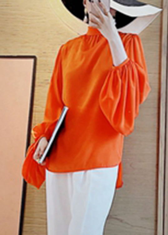 Simple Orange Stand Collar Silk Top Lantern Sleeve