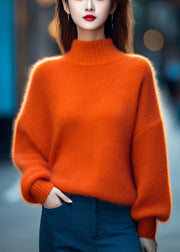 Simple Orange Turtleneck Solid Cotton Knit Top Long Sleeve