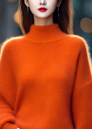 Simple Orange Turtleneck Solid Cotton Knit Top Long Sleeve