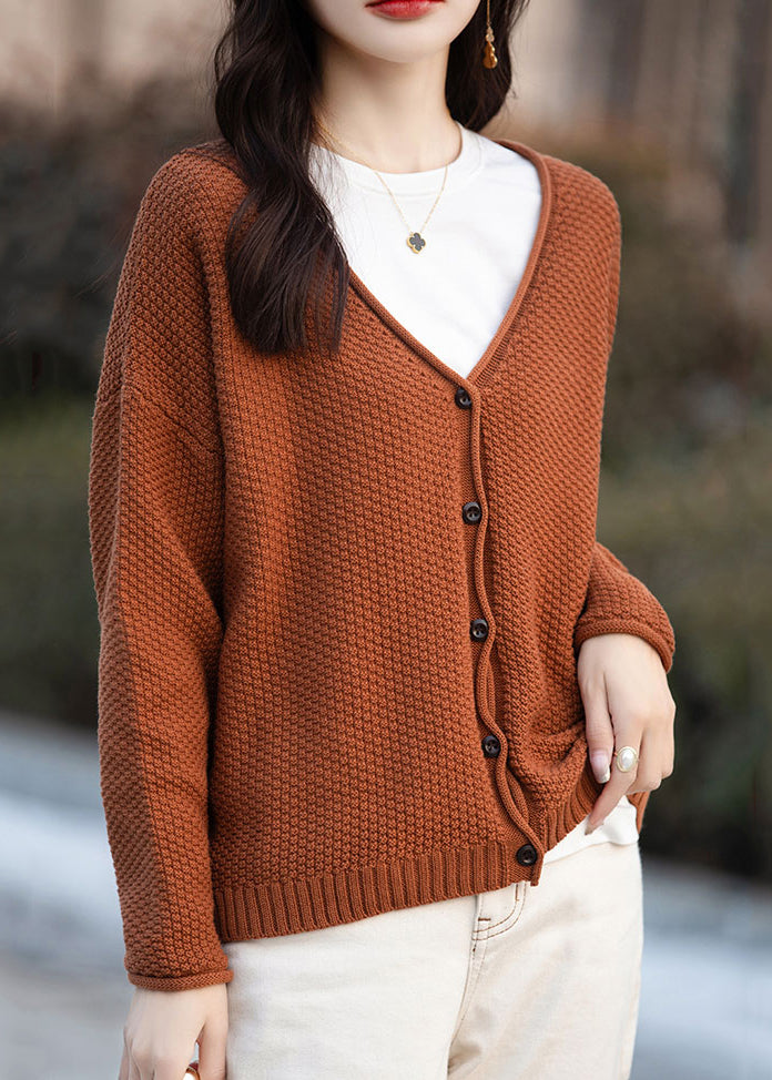 Simple Orange V Neck Button Cotton Knit Cardigan Fall