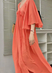 Simple Orange V Neck Patchwork Wrinkled Cotton Dress Flare Sleeve