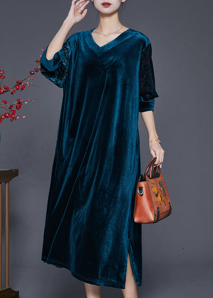 Simple Peacock Blue Oversized Silk Velour Holiday Dress Fall