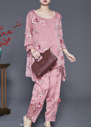 Simple Pink Asymmetrical Design Embroidered Floral Silk Two Pieces Set Spring