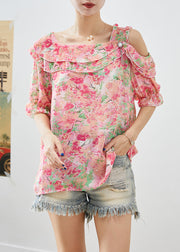 Simple Pink Cold Shoulder Print Chiffon Top Summer