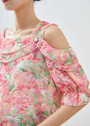 Simple Pink Cold Shoulder Print Chiffon Top Summer