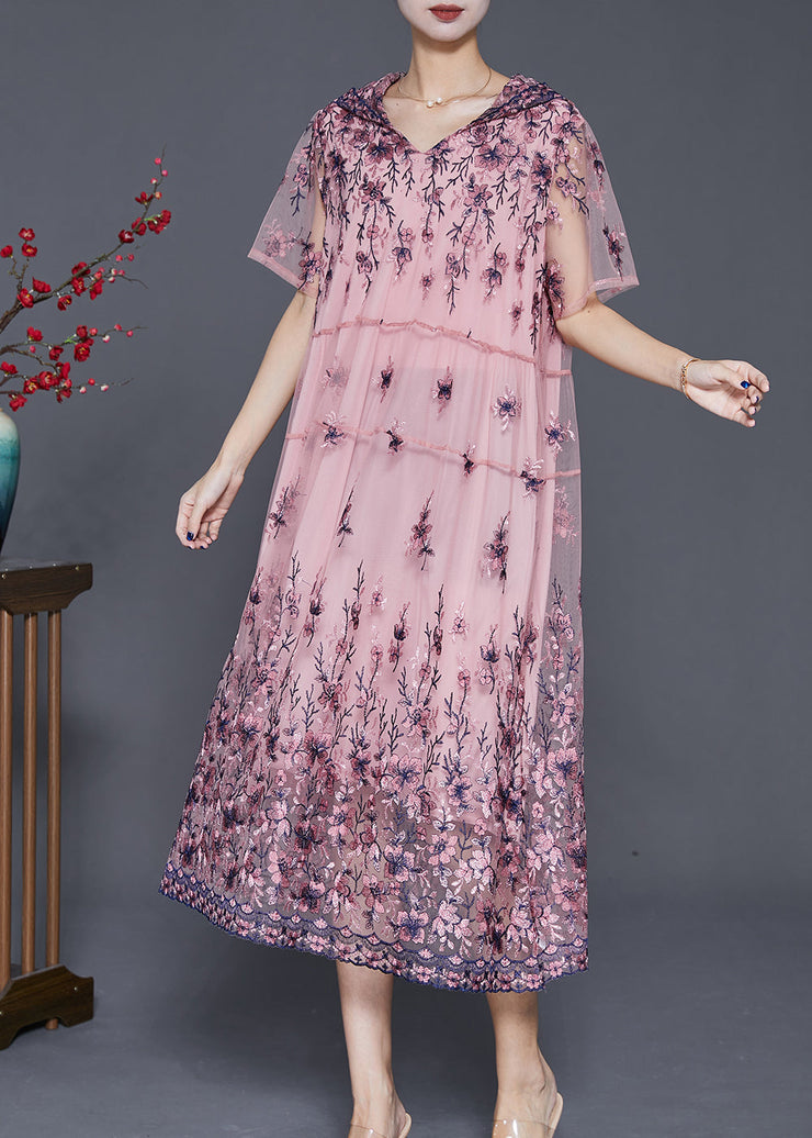 Simple Pink Embroideried Tulle Maxi Dresses Summer