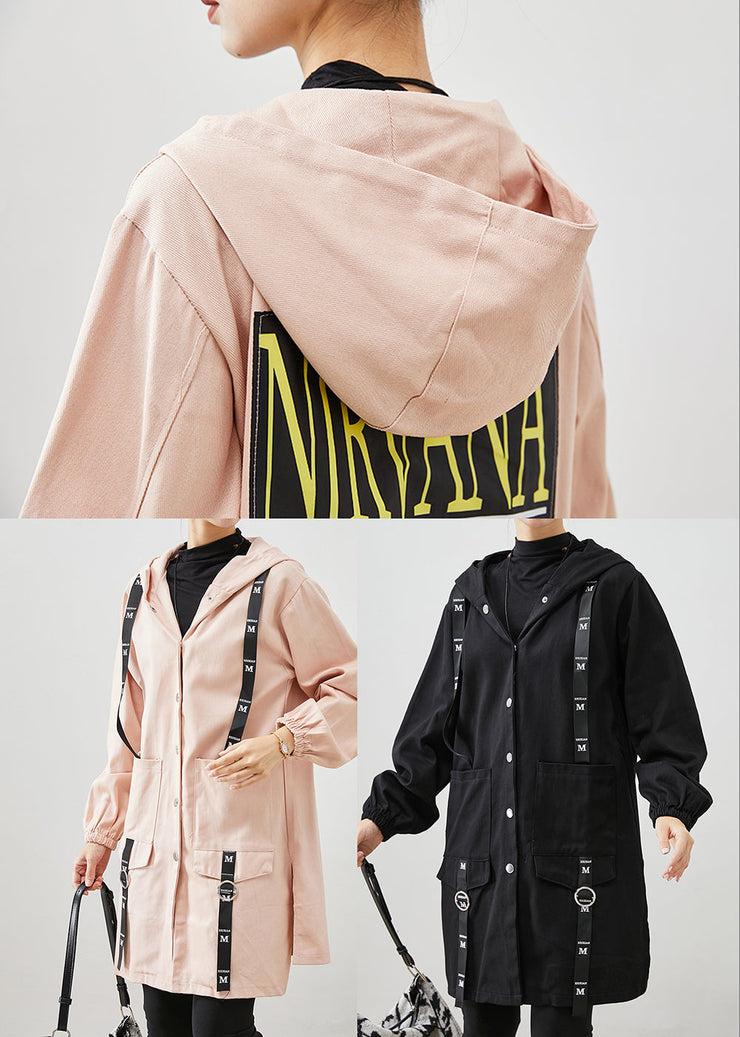 Simple Pink Oversized Patchwork Cotton Hooded Coat Fall