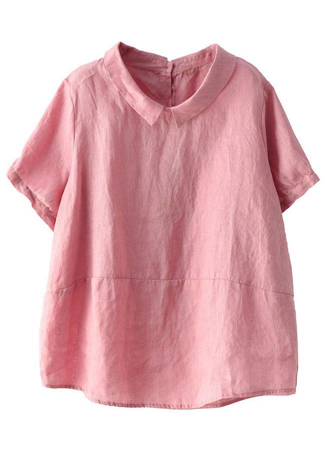 Simple Pink Peter Pan Collar Patchwork Summer Linen Blouses - SooLinen