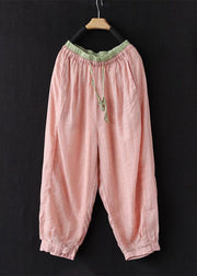 Simple Pink Pockets Lace Up Elastic Waist Linen Crop Pants Summer