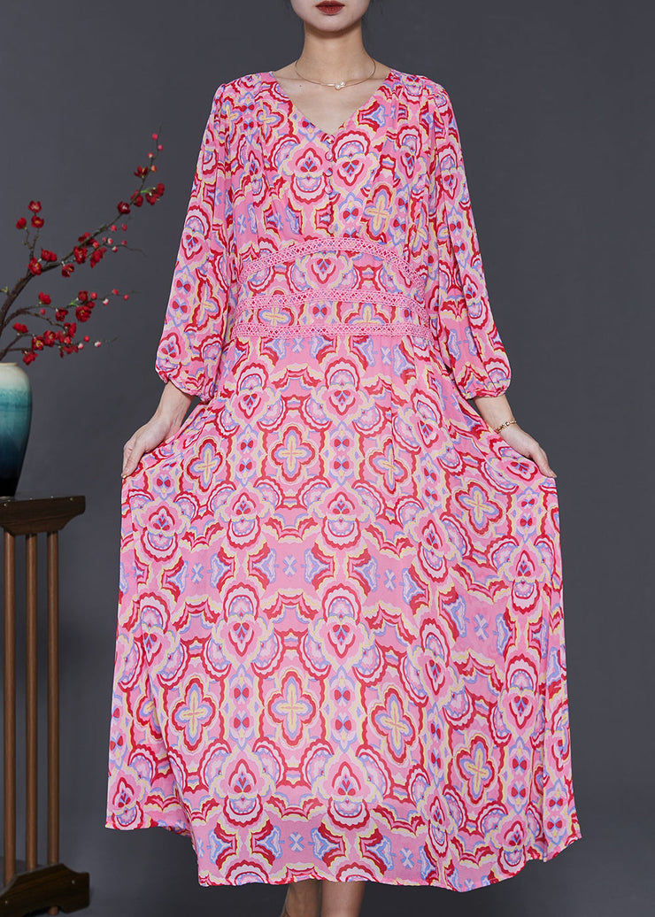 Simple Pink Print Silm Fit Chiffon Dresses Summer